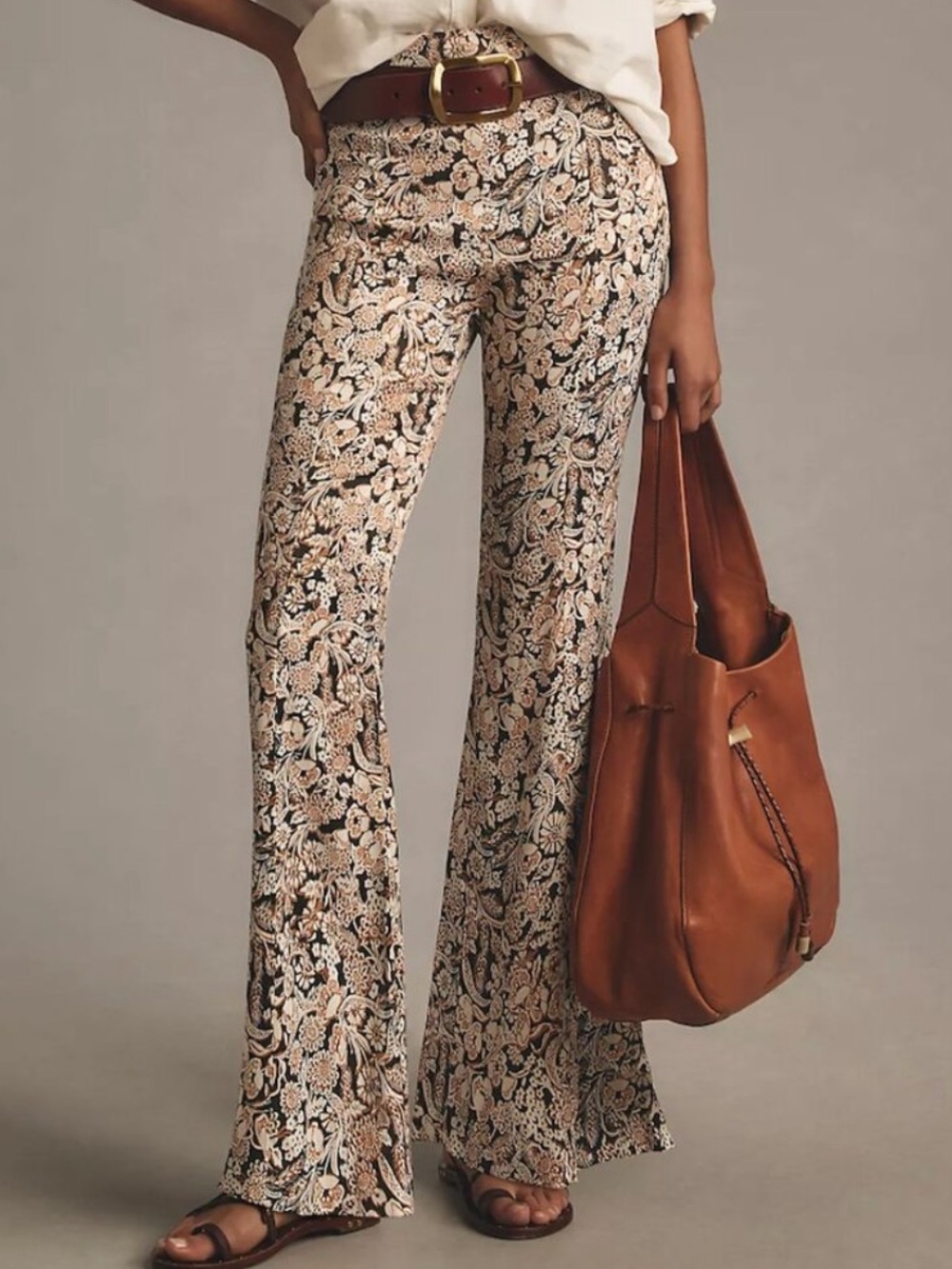 By Anthropologie Women’s Satin Flare Brown White Floral Paisley Pants Size 10